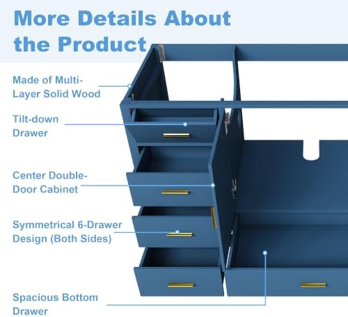 Montary 60" Modern Bathroom Vanity Base Cabinet, Solid Wood Construction | Soft-Close Double Doors & 9 Full-Extension Drawers(Basin & Top Not Included),Blue
