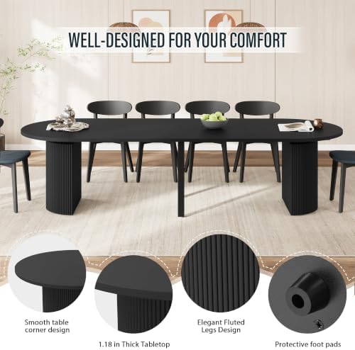 weselon 42"-120" Extendable Dining Table for 4-14, Expandable Oval Dining Room Table with Fluted Pedestal Base & Reinforced Metal Support Leg, Extra Large Modern Kitchen Table (Black)