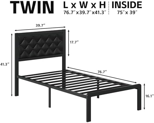 Fluest Twin Bed Frame with Headboard PU Leather Upholstered Bed Frame Platform,All Metal Slats Support Platform Bed Frame with Storage Space,Easy Assembly,Noise Free,No Box Spring Needed,Black