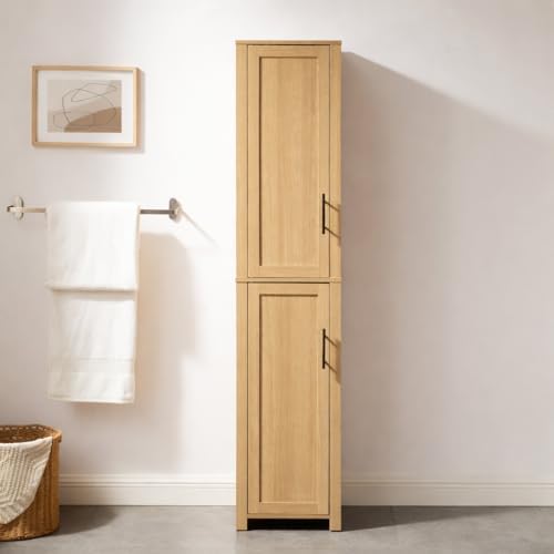 Crosley Furniture Savannah Linen Storage Cabinet, Laundry Room, Bathroom Organizer with Shelves, Natural