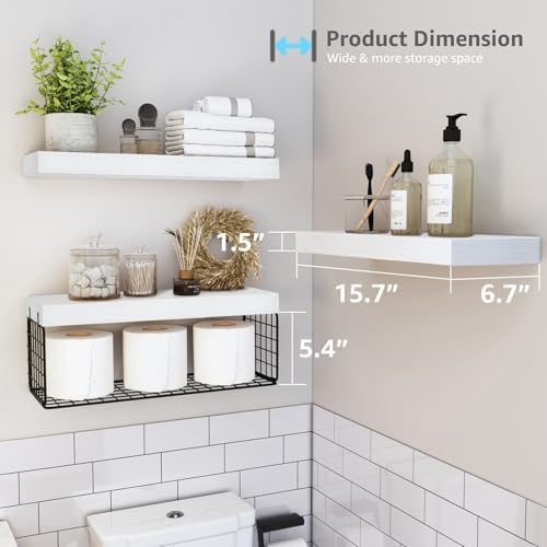 QEEIG Bathroom Shelves Over Toilet Wall (White and Black, Set of 3, 15.7")