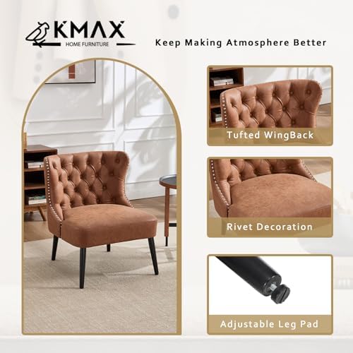 Kmax Accent Chair, Leather Slipper Chair with Button Tufted Wingback, Armless Living Room Chair with Nails Decorative Modern Side Chair for Bedroom Reception Small Space - Pu Brown, Black Legs