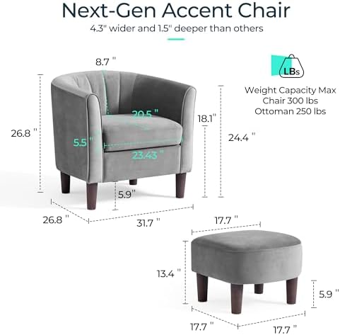 LINSY Accent Chair with Ottoman, Modern Armchair Comfy Barrel Reading Chair with Footrest for Living Room Bedroom Reading Room, Velvet, Light Grey