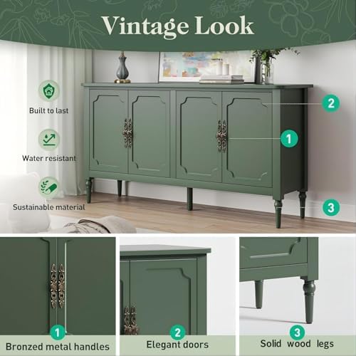 RoyalCraft Buffet Cabinet with Storage, 59" Vintage Sideboard with Adjustable Shelves, Mid Century Modern Painted Credenza Coffee Bar for Kitchen, Dining Room, Entryway, Living Room, Forest Green
