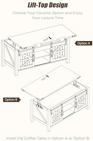 OKD 48" Farmhouse Lift Top Coffee Table, Sliding Barn Door, Dark Rustic Oak
