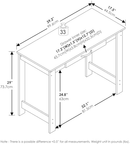 Furinno Jaya Desk, 39.2" Wide Computer Desk with H-Legs, Office Desk with Drawer, Writing Desk, with Drawer, for Home Office, Study Room, Dorm, Darkwood