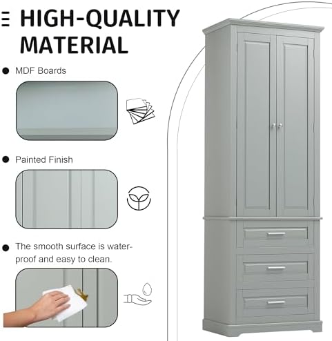 Polibi Tall Storage Cabinet with 3 Drawers, 3-Tier Adjustable Shelves & 2 Doors, Floor Freestanding Linen Cabinet for Bathroom, Living Room, Grey