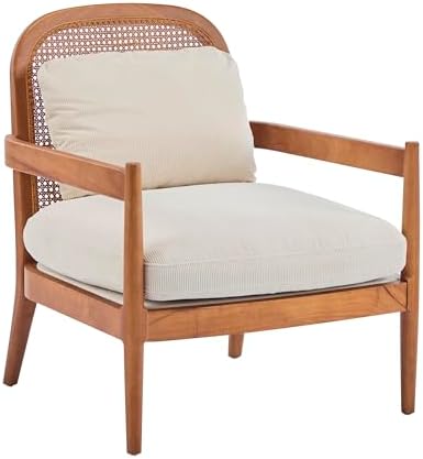 Christopher Knight Home Nadine Accent Chairs Set of 2, Wooden Club Chair, Rattan Open Back Armchair, Accent Reading Sofa Chair with Cushions, Club Chairs Set of 2 for Living Room Bedroom, Beige+Teak
