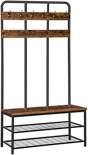 HOOBRO Hall Tree with Bench, Entryway Bench with Coat Rack, Mud Room Rack with 12 Double Hooks and Shoe Storage, Coat Tree, Shoe Rack Organizer, for Foyer, Front Door, Rustic Brown BF05MT01