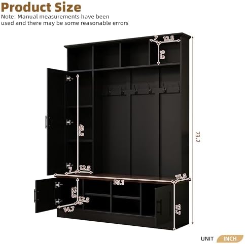 Merax Farmhouse Wood Hall Tree with Shoe Bench and 2 Drawers, 4-in-1 Coat Rack with 6 Hooks for Entrance, Hallway, Mudroom Black