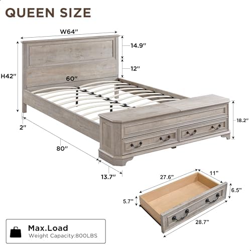 T4TREAM Farmhouse Queen Bed with Headboard and Storage Bench