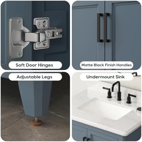 30 Inch Bathroom Vanity with Sink, Solid Wood, Steel Blue | Freestanding Single Sink Bathroom Vanity, Fully Assembled Bathroom Storage Cabinet with Soft Close Doors & Dovetail Drawers