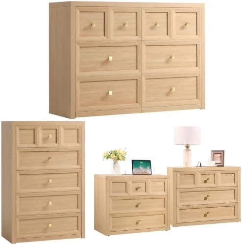 4 Piece Bedroom Set - Includes 6 Drawer Dresser, 5 Drawer Wood Dresser and 3 Drawer King Size Nightstands Set of 2 with Charging Station, 4 Piece Farmhouse Dresser and Nightstand Sets,Natural