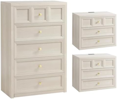 3-Piece Bedroom Set, 5 Drawer Tall Dresser and 3 Drawer King Size Nightstands Set of 2 with Charging Station, 3 Piece Farmhouse Wood Bedroom Dresser and Nightstand Sets, Grey White
