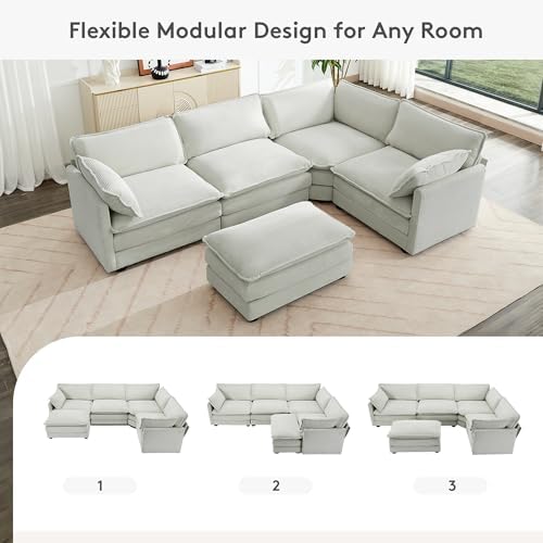 ROWHY 113'' Modular Sectional Cloud Couch, 5 Seater Corner Sofa Big Comfy Corduroy Oversized L Shaped Couch with 2 Pillows, Ottoman, Deep Seat Sectional Couches for Living Room, Light Grey