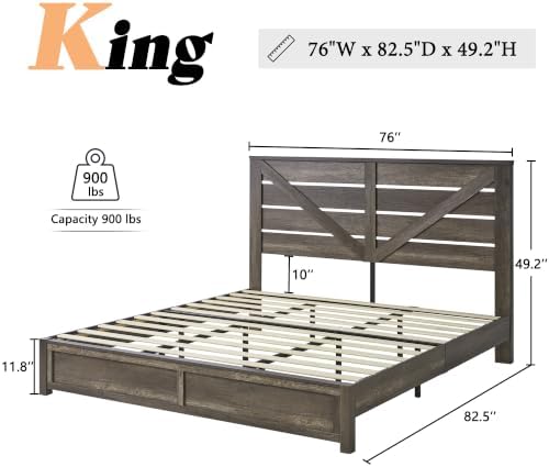 AMERLIFE 5-Piece Farmhouse Bedroom Set, King Bed Frame & Dresser, Grey