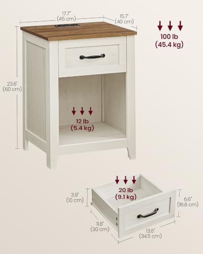 VASAGLE Farmhouse Nightstands with Charging Station, 1 Drawer, Set of 2