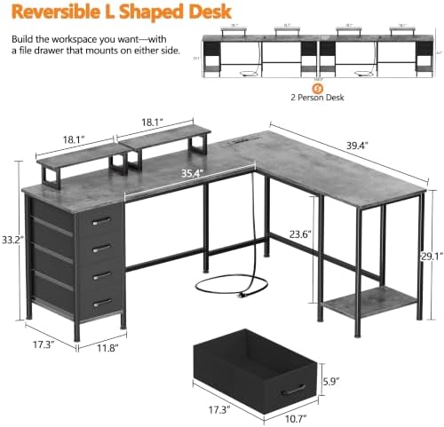 Korfile 66" L Shaped Computer Desk, 94.4'' Home Office Desk with Power Outlets, 4 Adjustable Storage Drawers & 2 Monitor Stands, Large Two Person Gaming Table for Writing Study, Grey