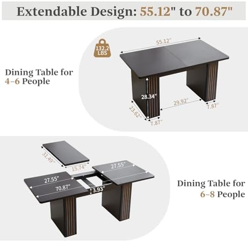 55"-71" Extendable Dining Table for 4-6, Modern Rectangular Table, Black