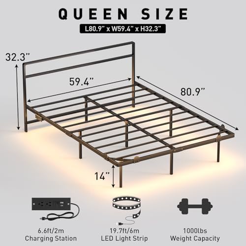 Queen Floating Bed Frame with Headboard, Modern Platform Bed Frame with LED Lights and USB Charging Station, Sturdy Metal Bed Frame for Adults, No Box Spring Needed, Easy Assembly, Noise Free Design
