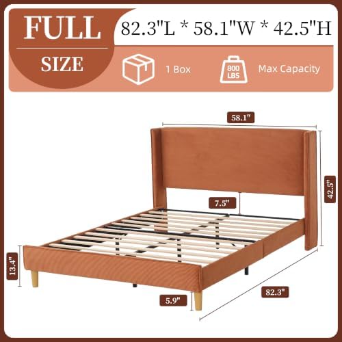 Full Corduroy Upholstered Platform Bed with Headboard Wingback, Ocher