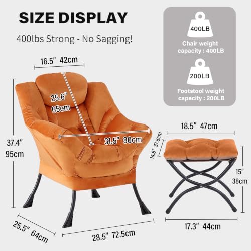 Tiita Lazy Chair with Ottoman, Comfy Reading Accent Chair, Velvet Orange
