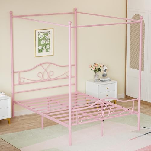 Full Canopy Bed Frame with 4 Posters, Full Size Bed for Kids Girls Adults
