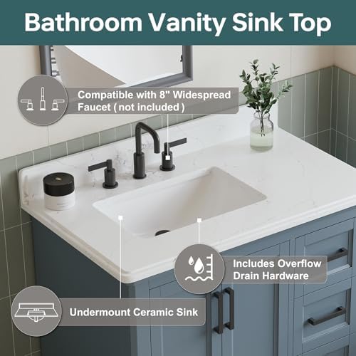 36" Bathroom Vanity with Sink, Fully Assembled, Steel Blue | Freestanding Solid Wood Bathroom Vanities with Quartz Countertop & Backsplash, Soft Close Doors & Dovetail Drawer