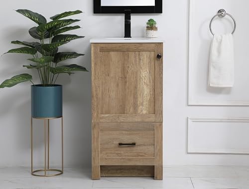 18" Pre-Assembled Bathroom Vanity with Sink, Engineered Wood, Ivory White Engineered Marble Countertop Attached, Single Oval Porcelain Sink, 1 Soft-Close Drawers, Natural Oak