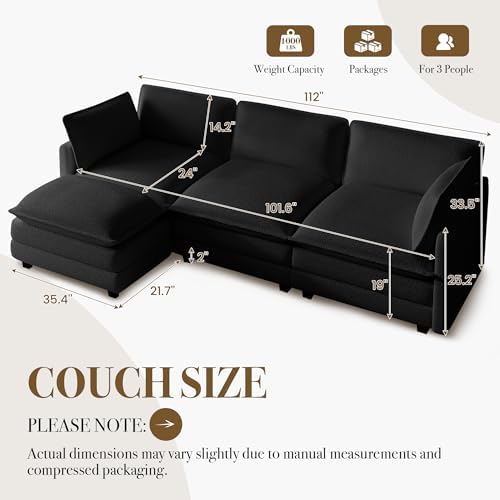 ROWHY 112'' Modular Sectional Cloud Couch with Movable Ottoman, 4 Seat Modern Chenille Sofa, Deep Seat L Shaped Couch for Living Room Bedroom Apartment,Jet Black