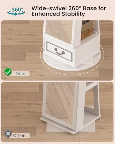 Vlsrka Mirror Jewelry Cabinet Standing with Lights, Lockable, Swivel, White | Standing Jewelry Armoire with Full Length Mirror, Large Jewelry Organizer Storage with Foldable Makeup Shelf, 3 LED Lights