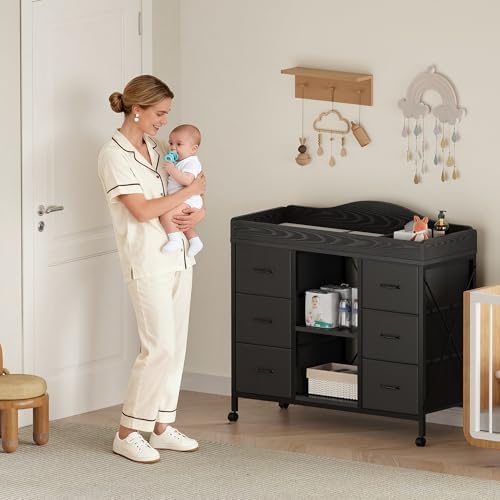 YeTom Changing Table, 6-Drawer Dresser, Adjustable Shelves, Mobile, Black