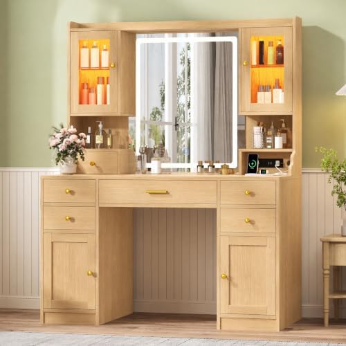 CSZZD Makeup Vanity Desk with Lighted Mirror & RGB Storage Cabinets | 3 Colors Vanity Table Set with Power Outlet & 6 Drawers, Large Dressing Table with Open Storage Shelves for Bedroom