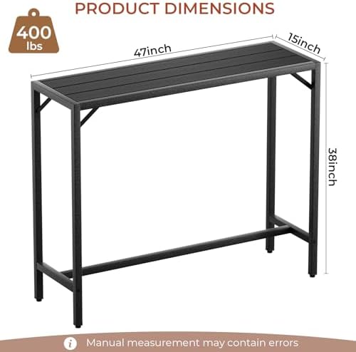 TLSUNNY 47" Patio Bar Table, Sturdy Outdoor Counter Height Table, Black