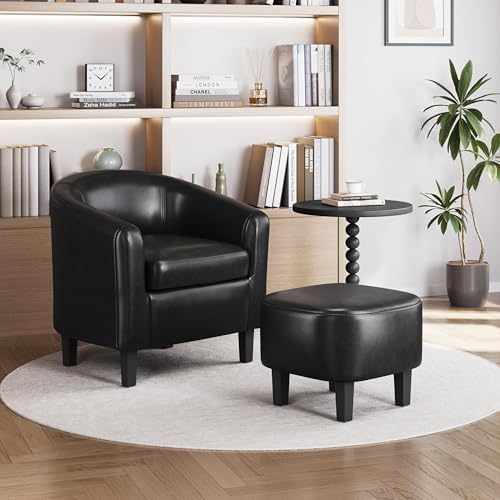 Yaheetech Accent Chairs with Ottoman, Faux Leather Barrel Chairs, Black