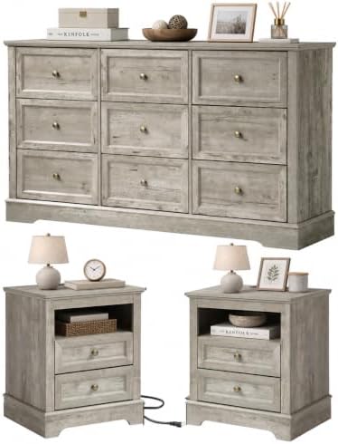 LOUVIXA Farmhouse Bedroom Sets of 3, Including 9 Drawer Dresser, Nightstand Set of 2 with Charging Station (Grey Sets)