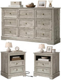 LOUVIXA Farmhouse Bedroom Sets of 3, Including 9 Drawer Dresser, Nightstand Set of 2 with Charging Station (Grey Sets)