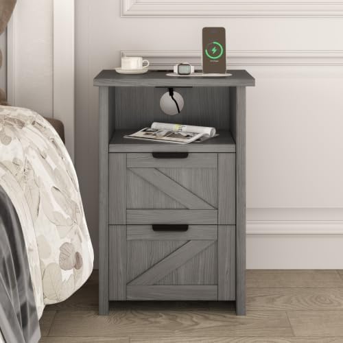 Farmhouse Night Stand Set of 2, Bed Side Table with 2 Drawers and Storage Shelf, Rustic Grey End Table for Bedroom, Living, Entryway, Office, Dorm, Small Spaces, Grey