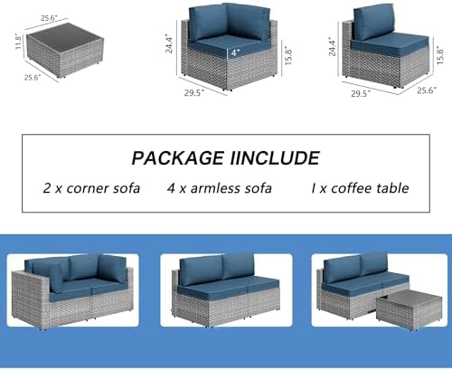Shintenchi 7 Pieces Outdoor Patio Furniture Sets, Patio Sectional Sofa Couch, Gray PE Wicker Furniture Modular Patio Conversation Sets Patio Sofa with Washable Cushions, Aegean Blue