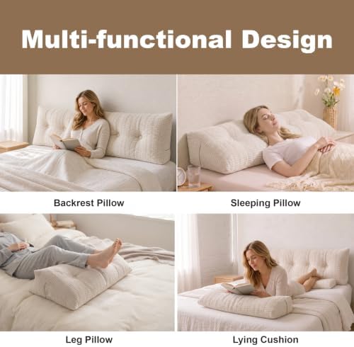Headboard Pillow King, Triangle Pillows for Headboard, Backrest Long Wedge Pillow for Reading Sitting Working in Bed, Daybed Pillows with Removable Cover for Bed Dorm Sofa, Beige