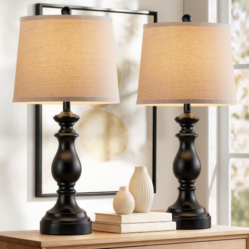 PARTPHONER Traditional Table Lamp Set of 2, Rustic Farmhouse Table Lamps for Living Room Bedroom, 27" Bedside Desk Lamps Vintage Nightstand Lamps with Linen Shades, Matte Black