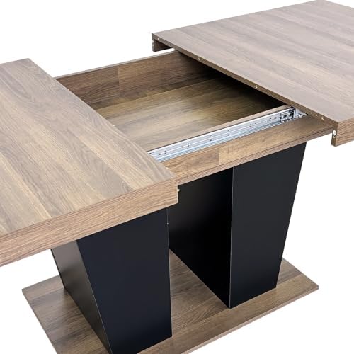 Extendable Dining Table for 6 to 10 People, 63" to 79" Expandable Kitchen Table, Modern Wood Large Dining Room Table(Black Base with Brown Tabletop, Pedestal Base B)