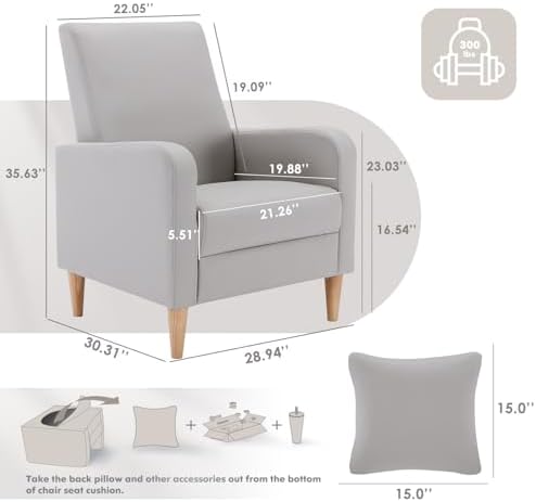 COLAMY Mid-Century Modern Accent Chair, Faux Leather Upholstered Living Room Chair with Back Pillow & Solid Wood Legs, Comfy Armchair for Living Room, Bedroom, Single Sofa, Light Grey