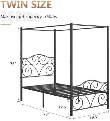 VECELO Metal Canopy Bed Frame Twin Size, 4 Posters Platform Mattress Foundation with Headboard, Heavy Duty Steel Slats Support, No Box Spring Needed, Black