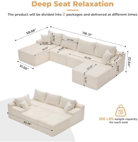 Mangodan Cloud Sectional Couch, Boneless Couches for Living Room, Beige