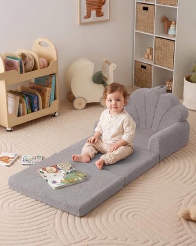 Blissful Diary Foldable Kids Couch, 2-in-1 Kids Sofa Chair, Gray Shell