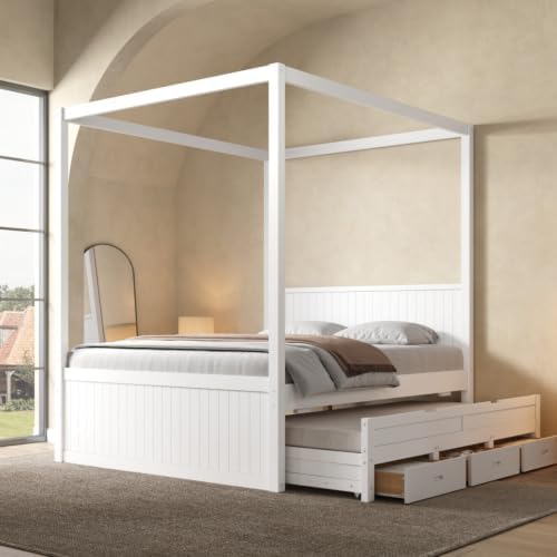 SANOFI Queen Size Wood Canopy Bed with Twin Size Trundle, White