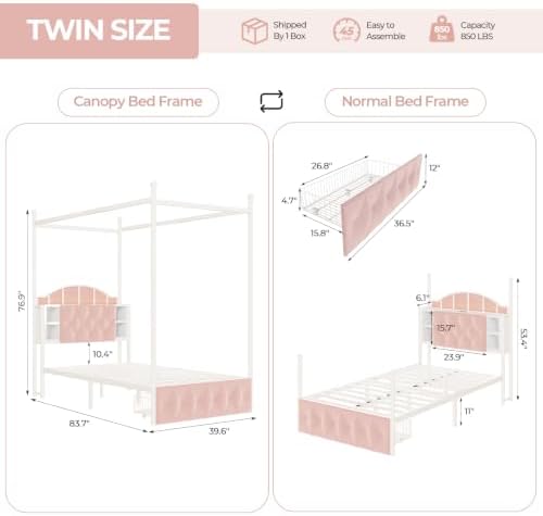 Twin Size Upholstered LED Canopy Bed Frame with 2 Drawers and & Charging Station, Button Tufted Storage Headboard, Metal Platform Bed with 4 Removable Posts, No Box Spring Needed, Pink