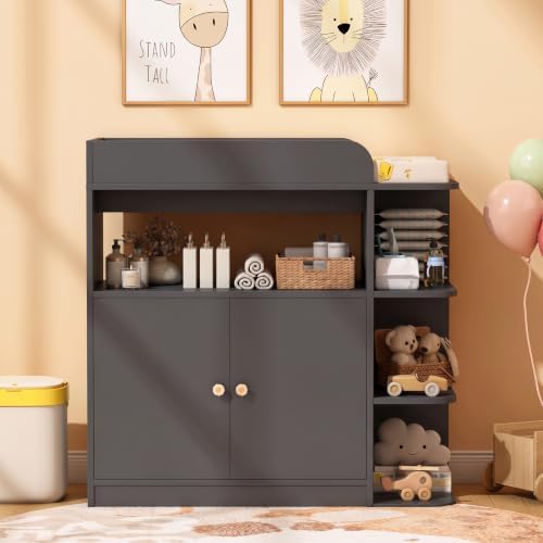 Wanan Changing Table Dresser with Large Cabinet for Nursery, Wood, Black