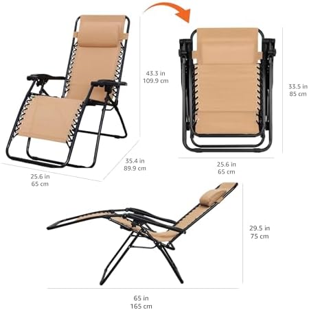 Amazon Basics Zero Gravity Lounge Chair with Pillow, Foldable Outdoor Reclining Chair for Patio and Beach, Weather-Resistant Textilene, 300 lb Capacity, 26", Beige